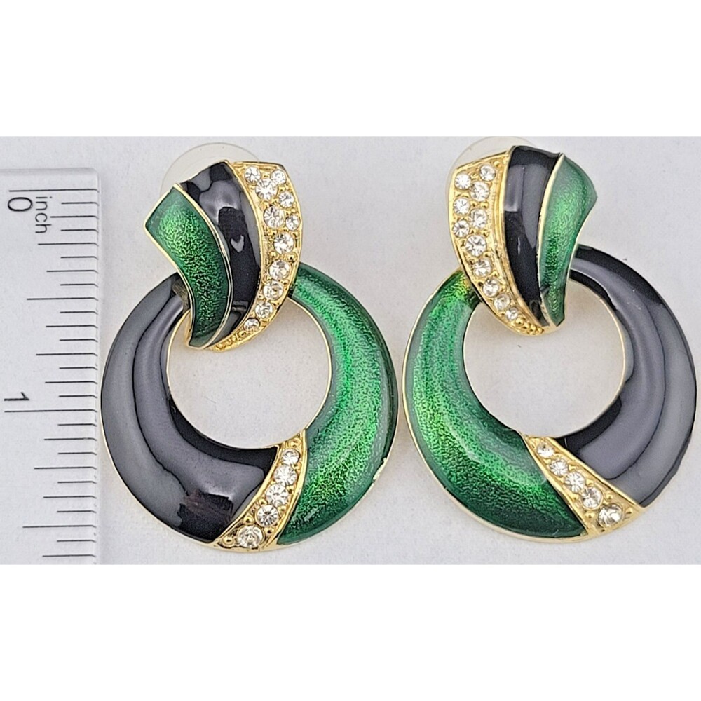 Vintage 80s Emerald Green Black Enamel ✨ Rhinestone Hoop Pierced Earrings
